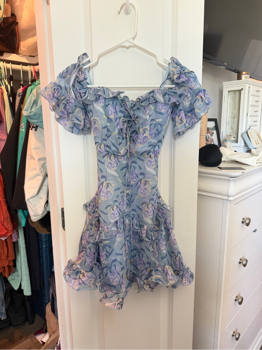 Saints & Secrets Light Blue Floral Off-Shoulder Ruffle Dress